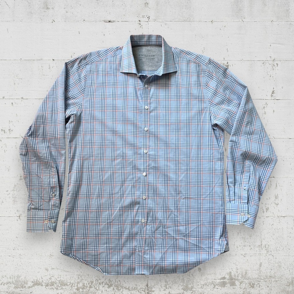 Twillory Button Up Shirt Mens 17 36/37 Blue Pink Check Plaid Performance